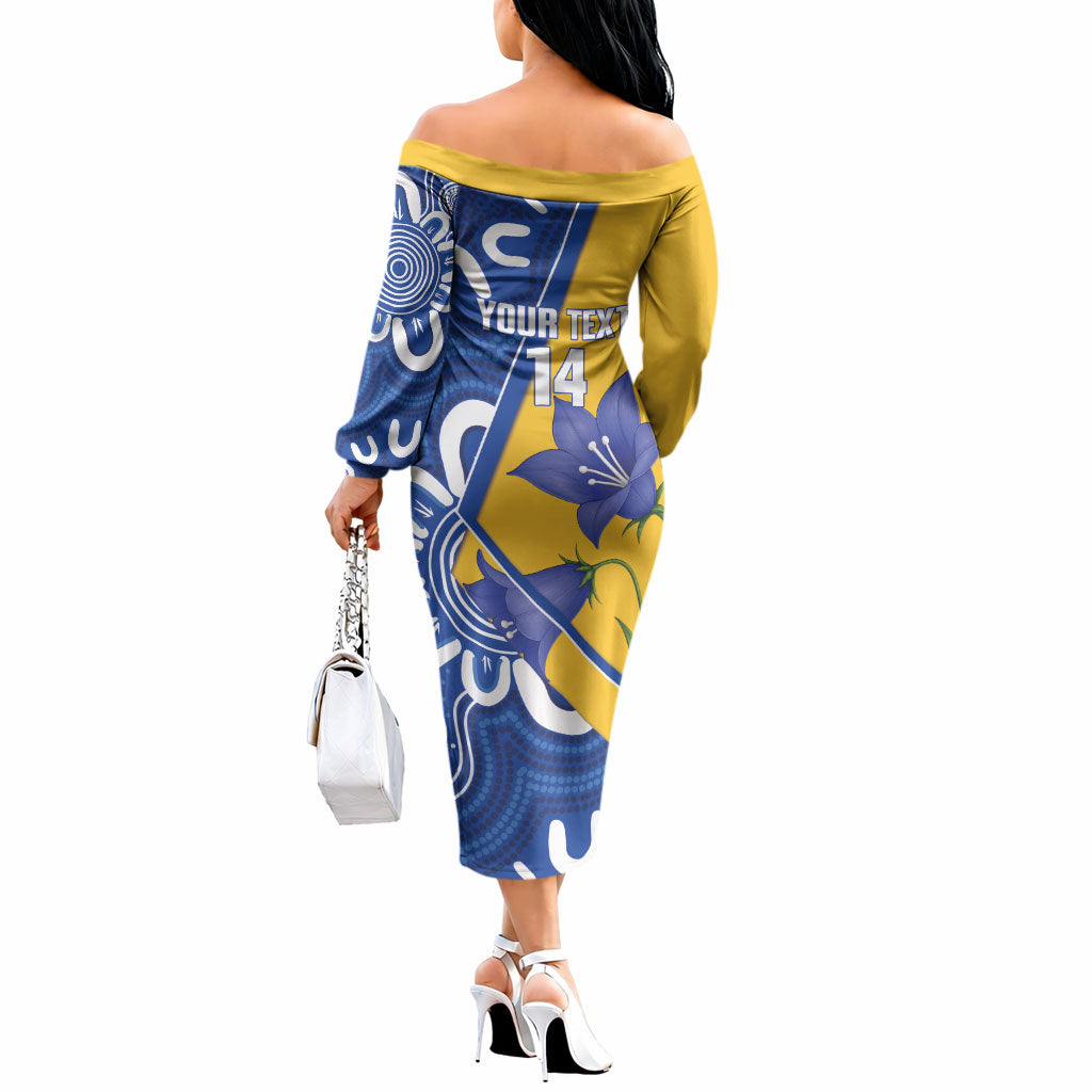 Australian Capital Territory Oztag Custom Off The Shoulder Long Sleeve Dress ACT Royal Bluebell Indigenous Art