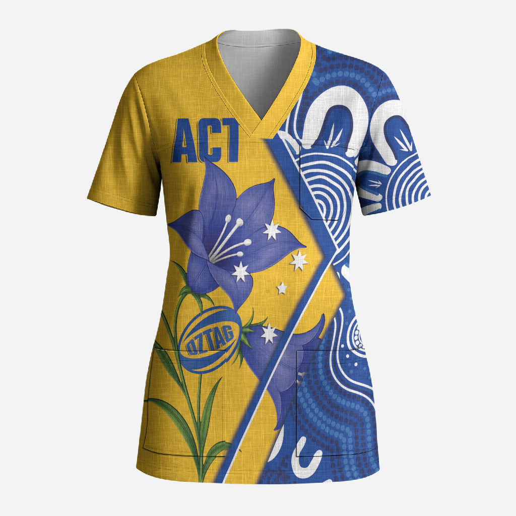 Australian Capital Territory Oztag Custom Scrub Top ACT Royal Bluebell Indigenous Art