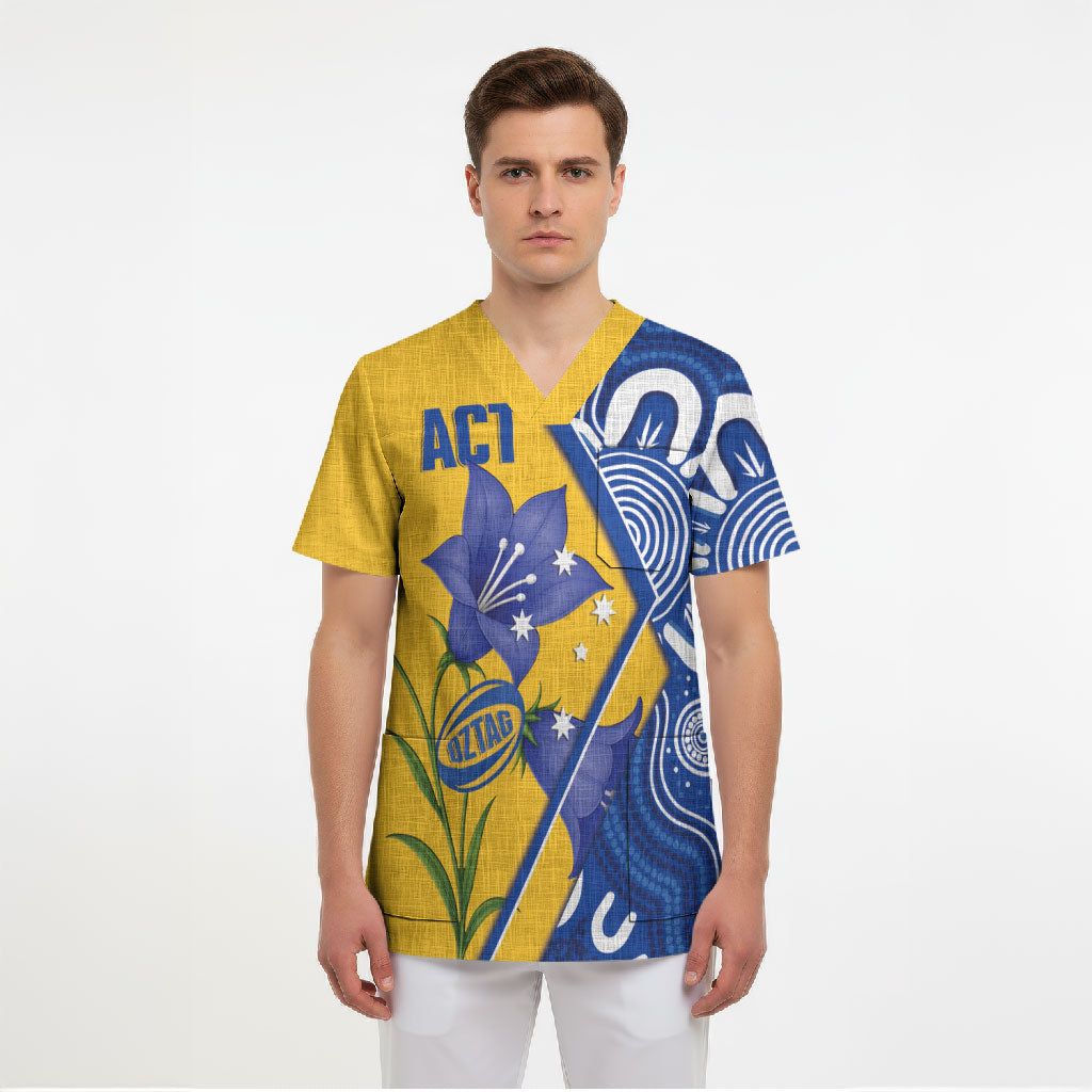 Australian Capital Territory Oztag Custom Scrub Top ACT Royal Bluebell Indigenous Art