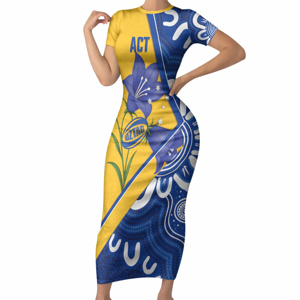 Australian Capital Territory Oztag Custom Short Sleeve Bodycon Dress ACT Royal Bluebell Indigenous Art