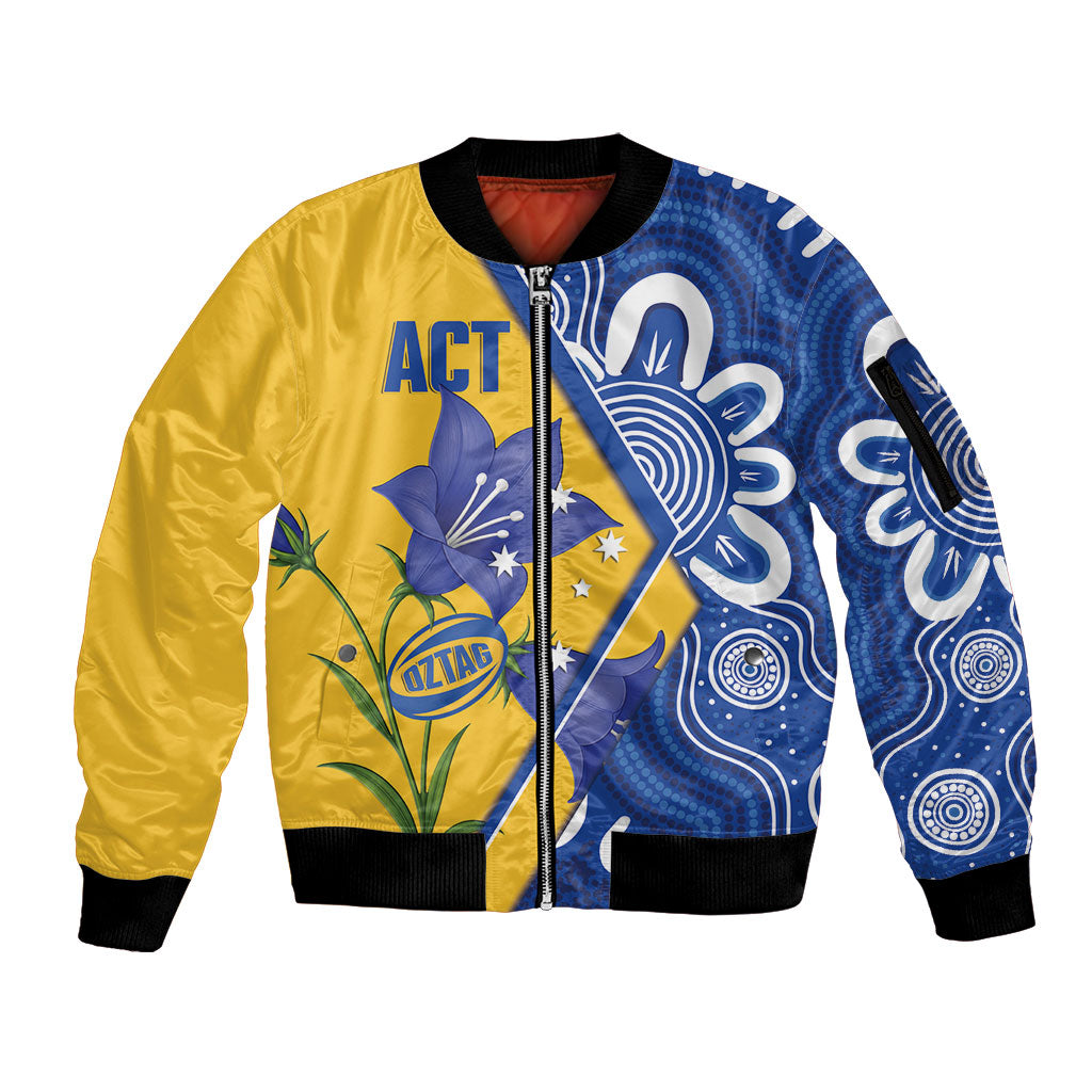 Australian Capital Territory Oztag Custom Sleeve Zip Bomber Jacket ACT Royal Bluebell Indigenous Art
