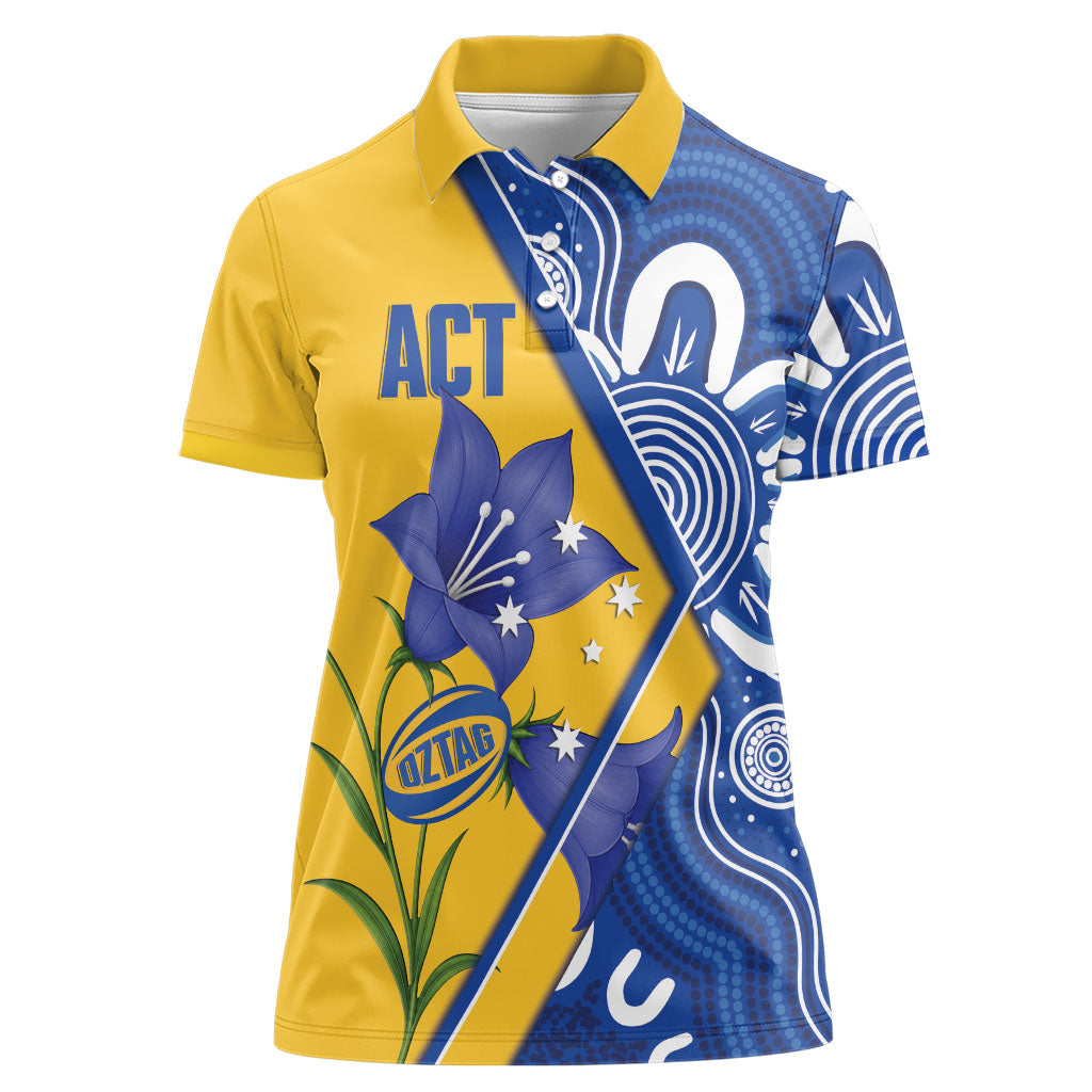 Australian Capital Territory Oztag Custom Women Polo Shirt ACT Royal Bluebell Indigenous Art
