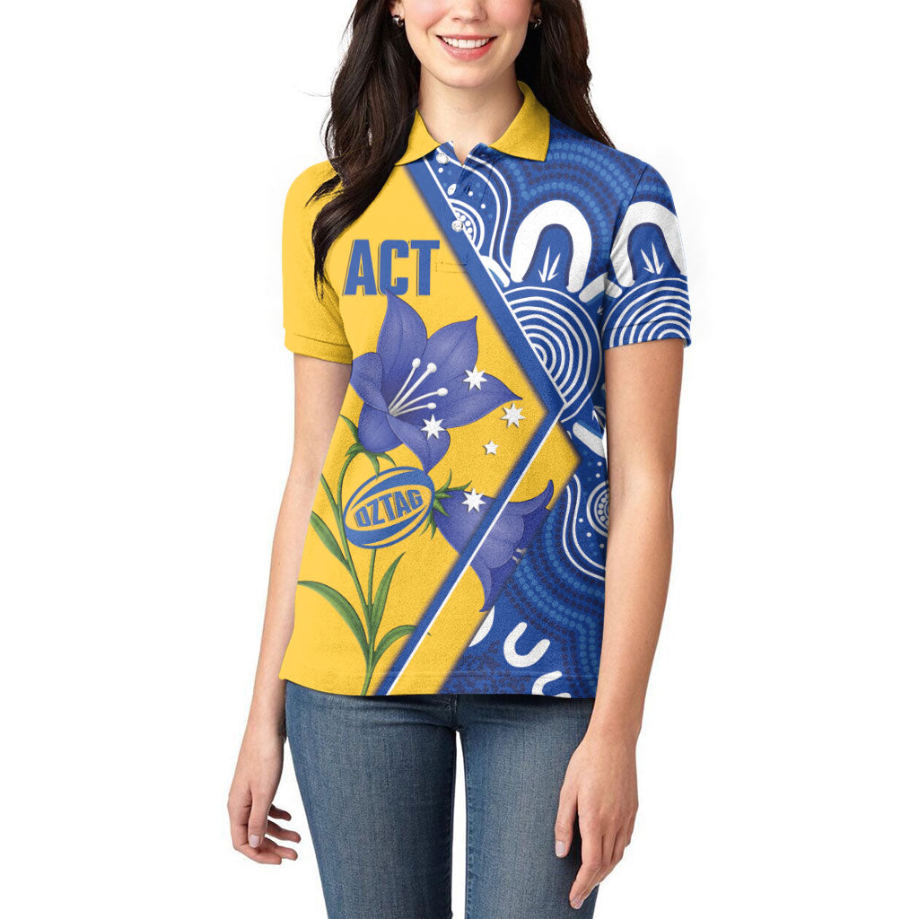 Australian Capital Territory Oztag Custom Women Polo Shirt ACT Royal Bluebell Indigenous Art