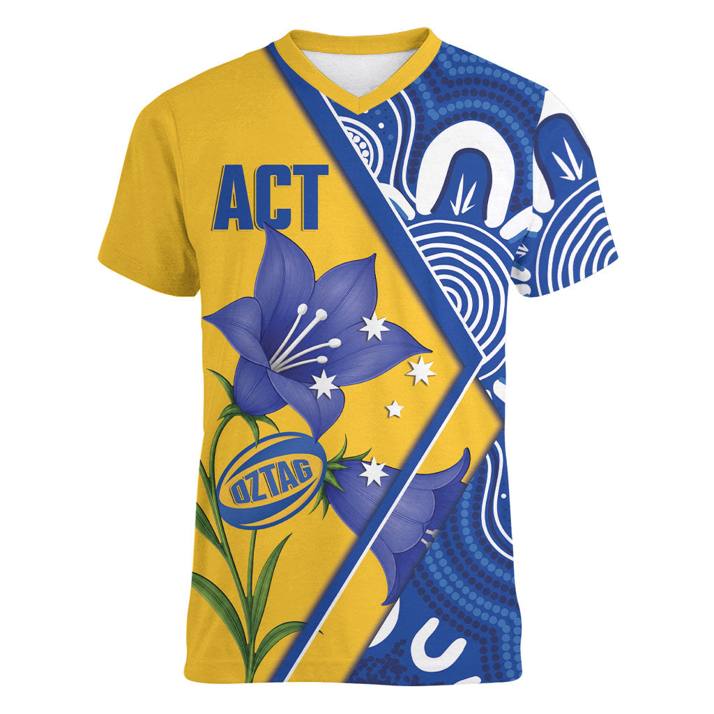 Australian Capital Territory Oztag Custom Women V-Neck T-Shirt ACT Royal Bluebell Indigenous Art