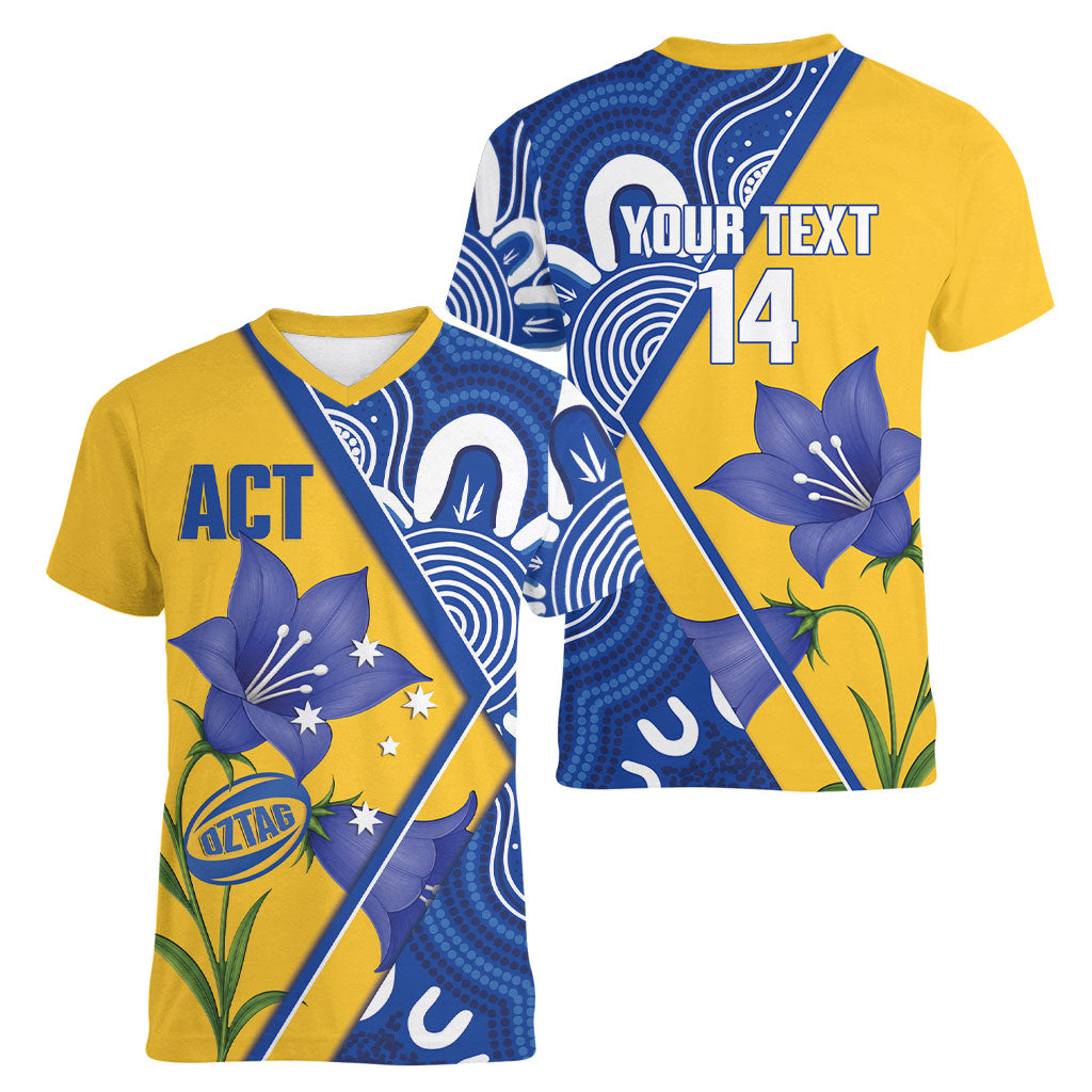 Australian Capital Territory Oztag Custom Women V-Neck T-Shirt ACT Royal Bluebell Indigenous Art