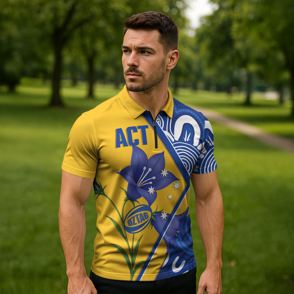 Australian Capital Territory Oztag Custom Zipper Polo Shirt ACT Royal Bluebell Indigenous Art