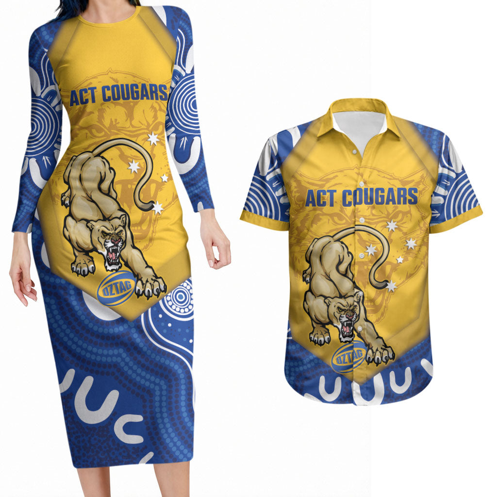 ACT Cougars Oztag Custom Couples Matching Long Sleeve Bodycon Dress and Hawaiian Shirt Australian Capital Territory Indigenous Art