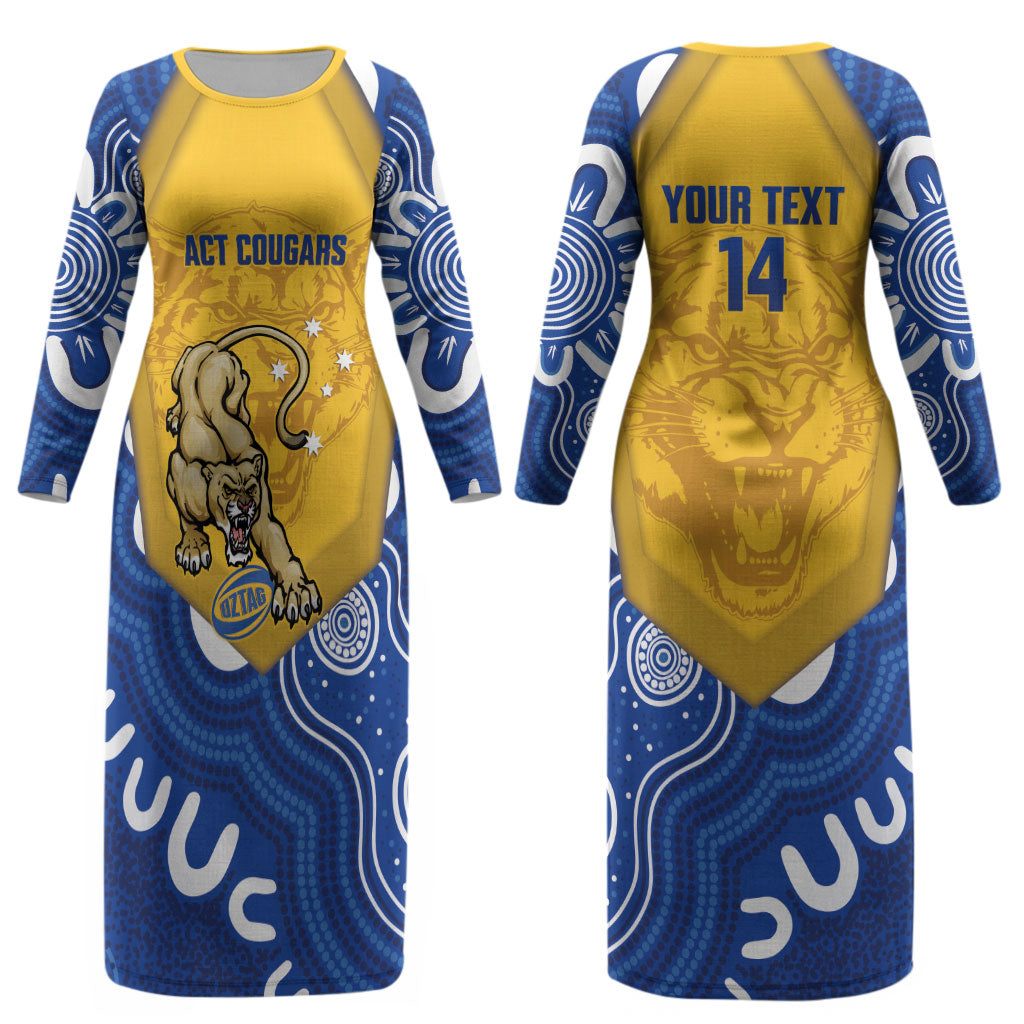 ACT Cougars Oztag Custom Couples Matching Long Sleeve Bodycon Dress and Hawaiian Shirt Australian Capital Territory Indigenous Art