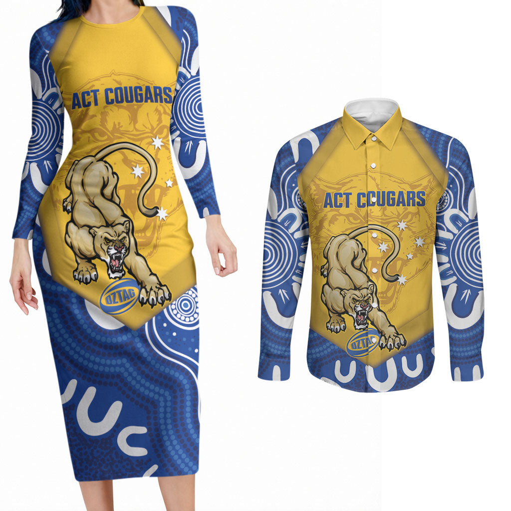 ACT Cougars Oztag Custom Couples Matching Long Sleeve Bodycon Dress and Long Sleeve Button Shirt Australian Capital Territory Indigenous Art