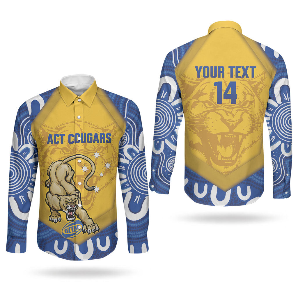 ACT Cougars Oztag Custom Couples Matching Long Sleeve Bodycon Dress and Long Sleeve Button Shirt Australian Capital Territory Indigenous Art