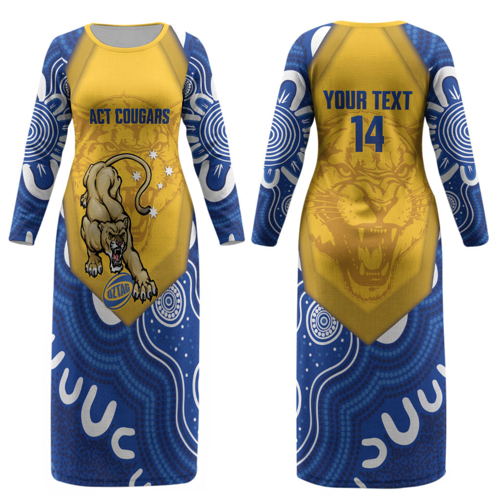ACT Cougars Oztag Custom Couples Matching Long Sleeve Bodycon Dress and Long Sleeve Button Shirt Australian Capital Territory Indigenous Art