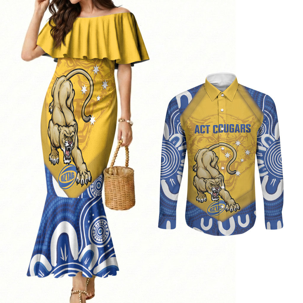 ACT Cougars Oztag Custom Couples Matching Mermaid Dress and Long Sleeve Button Shirt Australian Capital Territory Indigenous Art