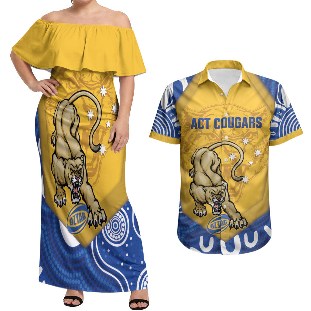 ACT Cougars Oztag Custom Couples Matching Off Shoulder Maxi Dress and Hawaiian Shirt Australian Capital Territory Indigenous Art