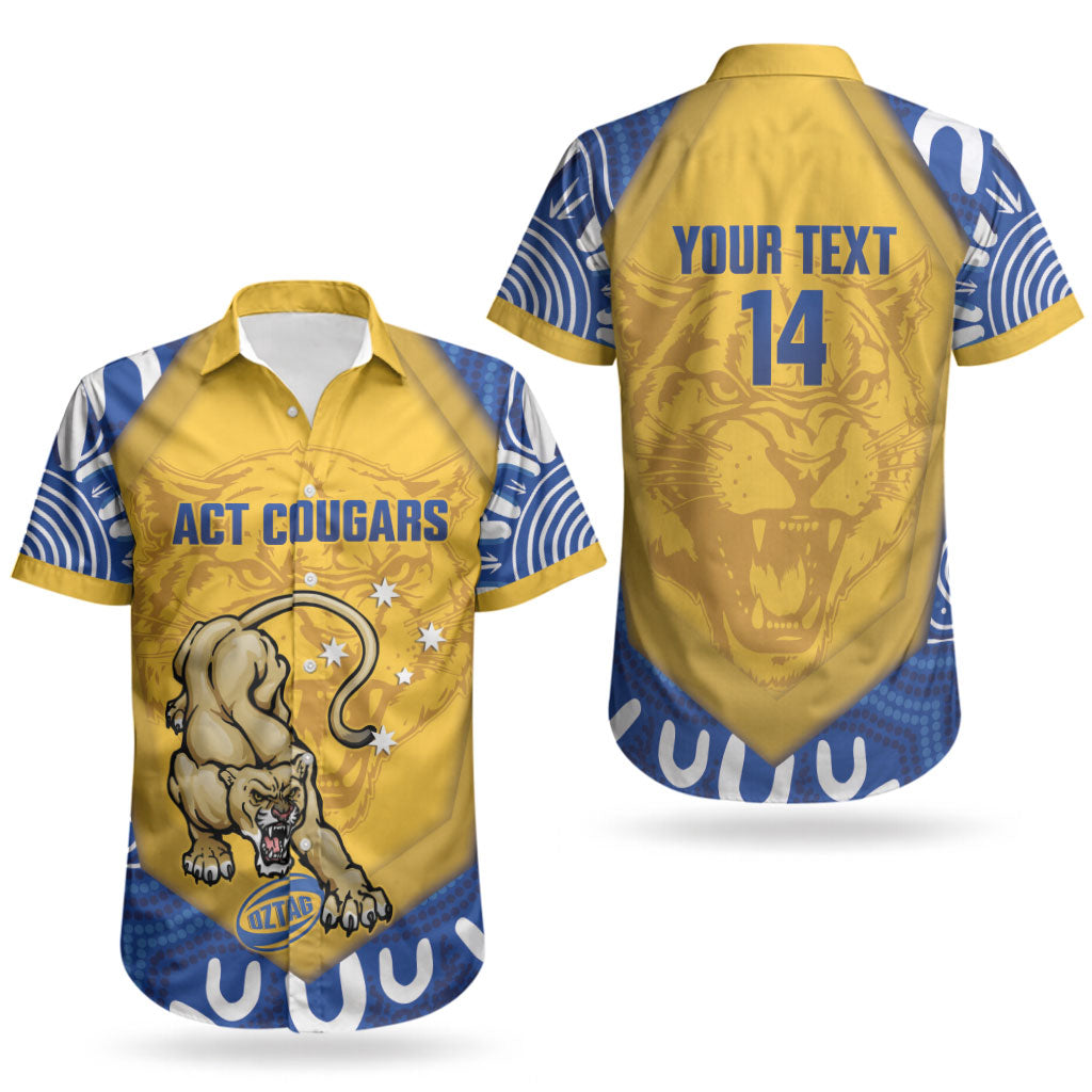 ACT Cougars Oztag Custom Couples Matching Off Shoulder Maxi Dress and Hawaiian Shirt Australian Capital Territory Indigenous Art