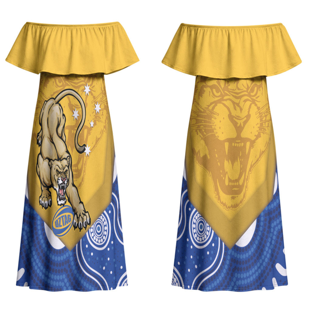 ACT Cougars Oztag Custom Couples Matching Off Shoulder Maxi Dress and Hawaiian Shirt Australian Capital Territory Indigenous Art