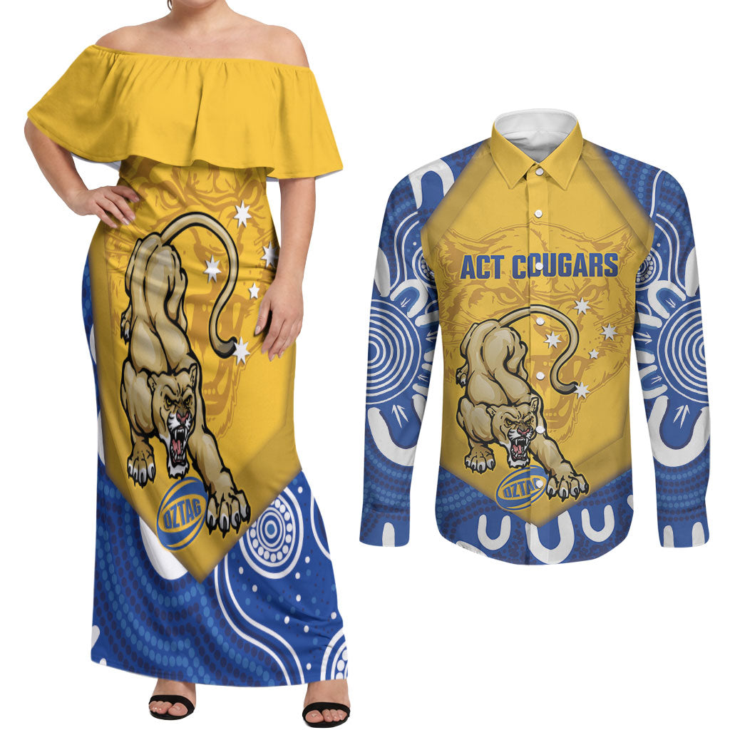 ACT Cougars Oztag Custom Couples Matching Off Shoulder Maxi Dress and Long Sleeve Button Shirt Australian Capital Territory Indigenous Art