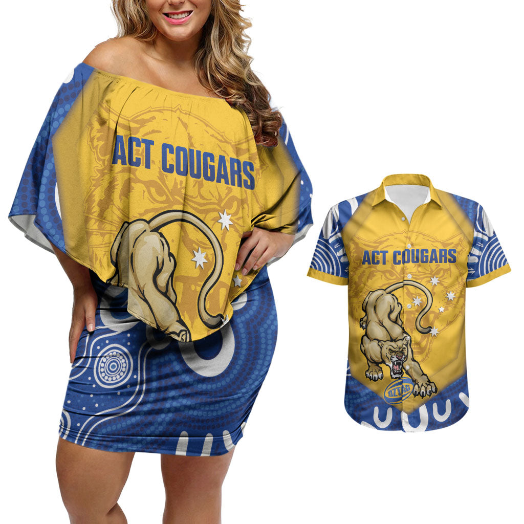 ACT Cougars Oztag Custom Couples Matching Off Shoulder Short Dress and Hawaiian Shirt Australian Capital Territory Indigenous Art