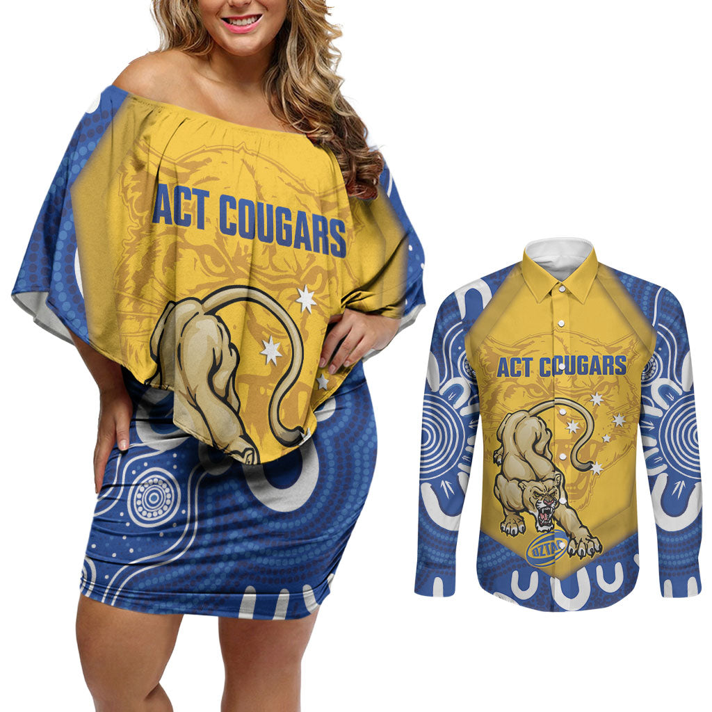 ACT Cougars Oztag Custom Couples Matching Off Shoulder Short Dress and Long Sleeve Button Shirt Australian Capital Territory Indigenous Art