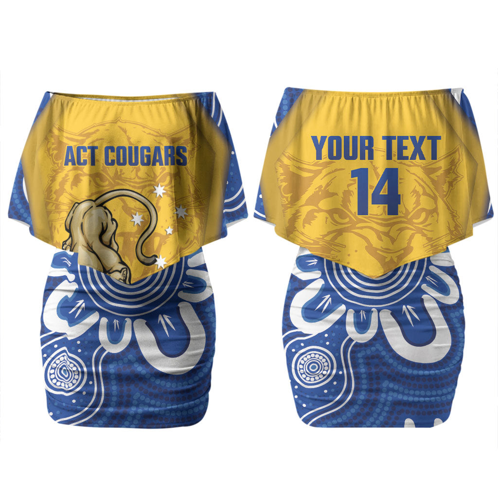 ACT Cougars Oztag Custom Couples Matching Off Shoulder Short Dress and Long Sleeve Button Shirt Australian Capital Territory Indigenous Art