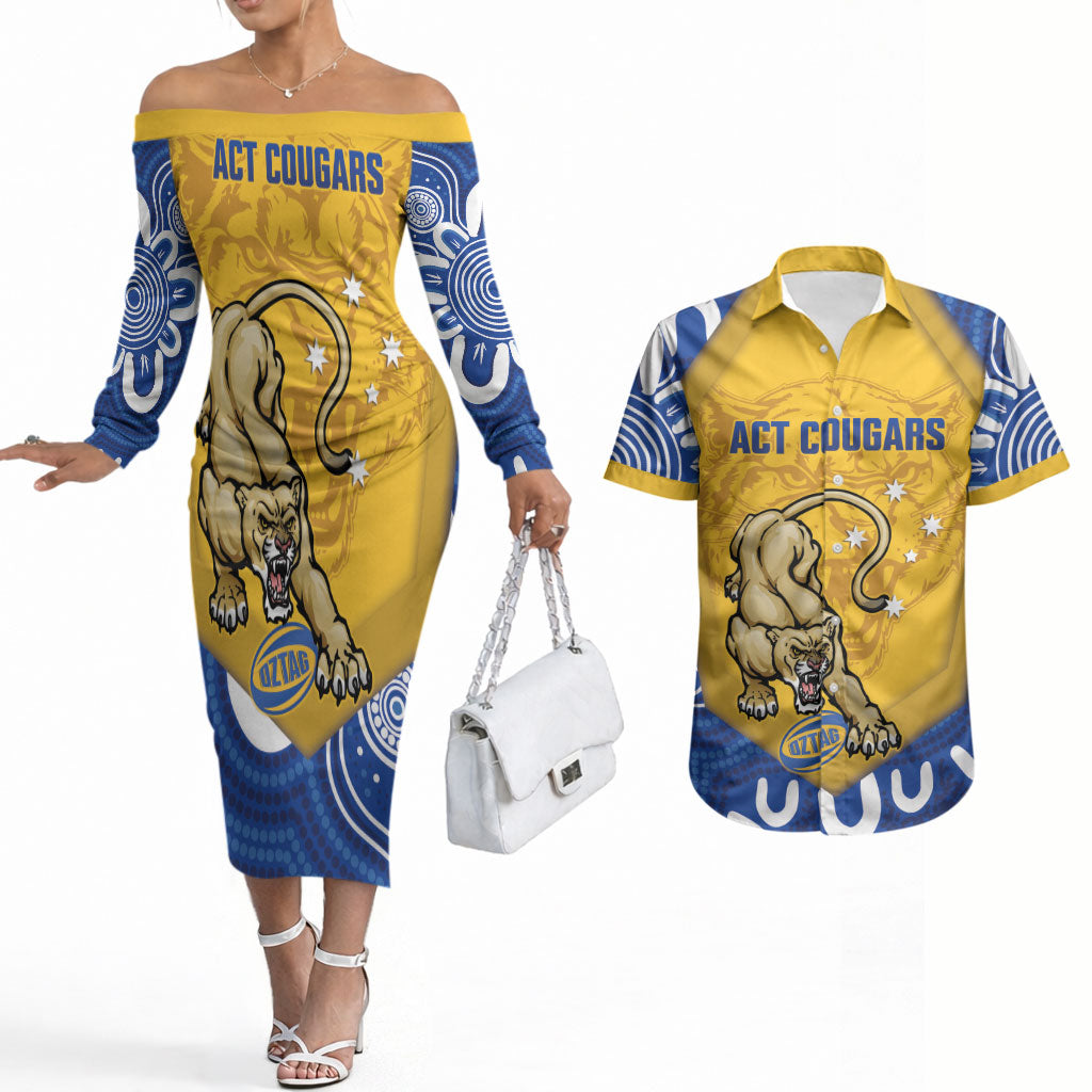 ACT Cougars Oztag Custom Couples Matching Off The Shoulder Long Sleeve Dress and Hawaiian Shirt Australian Capital Territory Indigenous Art