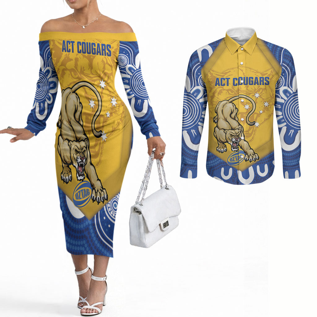 ACT Cougars Oztag Custom Couples Matching Off The Shoulder Long Sleeve Dress and Long Sleeve Button Shirt Australian Capital Territory Indigenous Art