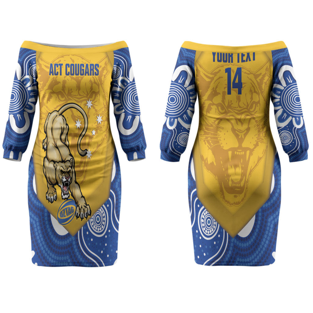 ACT Cougars Oztag Custom Couples Matching Off The Shoulder Long Sleeve Dress and Long Sleeve Button Shirt Australian Capital Territory Indigenous Art