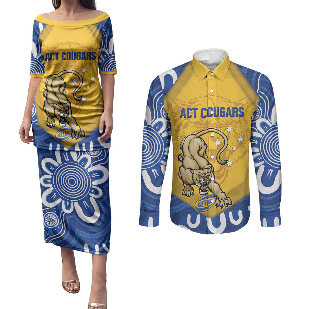 ACT Cougars Oztag Custom Couples Matching Puletasi and Long Sleeve Button Shirt Australian Capital Territory Indigenous Art