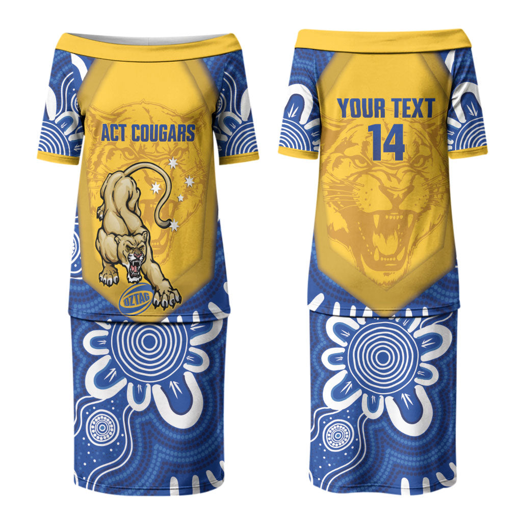 ACT Cougars Oztag Custom Couples Matching Puletasi and Long Sleeve Button Shirt Australian Capital Territory Indigenous Art
