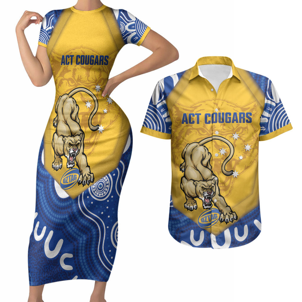 ACT Cougars Oztag Custom Couples Matching Short Sleeve Bodycon Dress and Hawaiian Shirt Australian Capital Territory Indigenous Art
