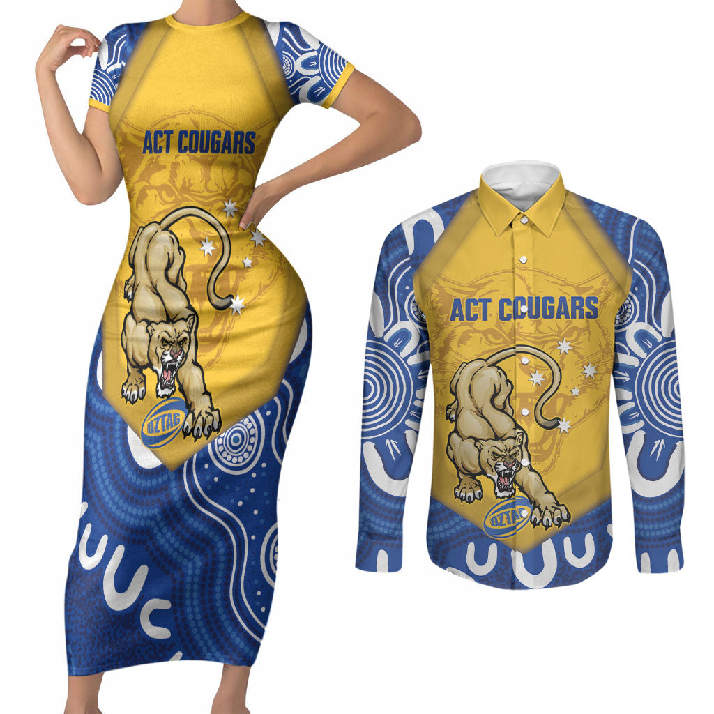 ACT Cougars Oztag Custom Couples Matching Short Sleeve Bodycon Dress and Long Sleeve Button Shirt Australian Capital Territory Indigenous Art