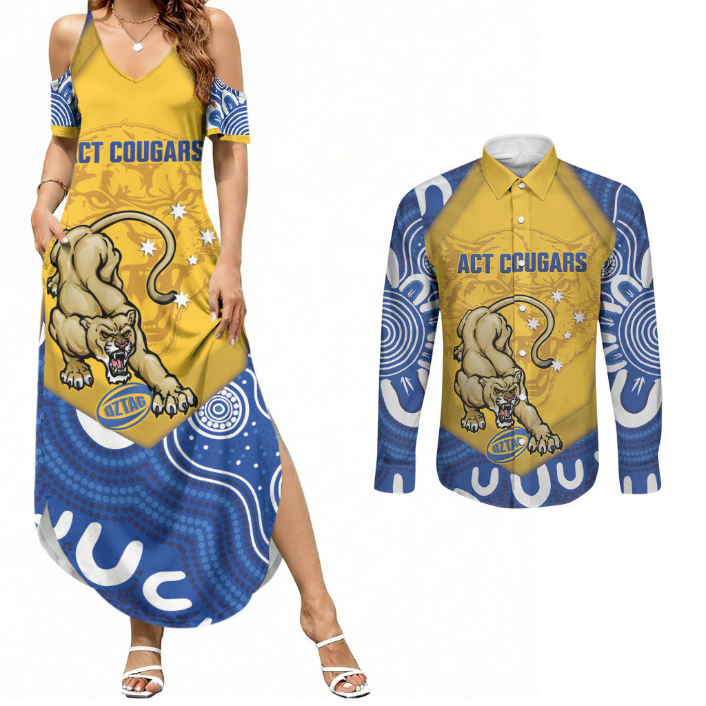 ACT Cougars Oztag Custom Couples Matching Summer Maxi Dress and Long Sleeve Button Shirt Australian Capital Territory Indigenous Art
