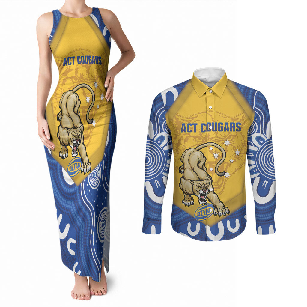 ACT Cougars Oztag Custom Couples Matching Tank Maxi Dress and Long Sleeve Button Shirt Australian Capital Territory Indigenous Art