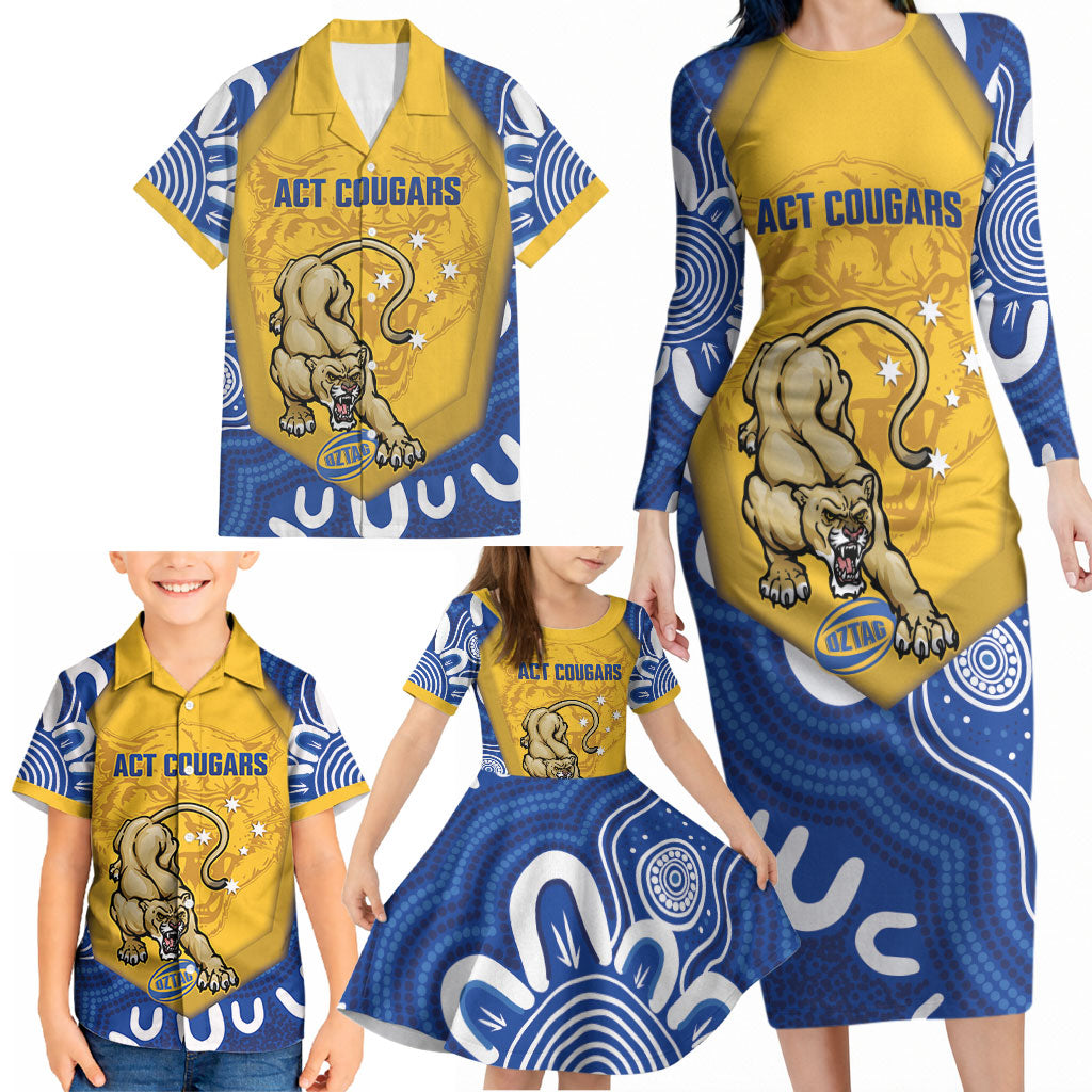 ACT Cougars Oztag Custom Family Matching Long Sleeve Bodycon Dress and Hawaiian Shirt Australian Capital Territory Indigenous Art