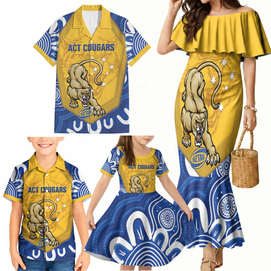 ACT Cougars Oztag Custom Family Matching Mermaid Dress and Hawaiian Shirt Australian Capital Territory Indigenous Art