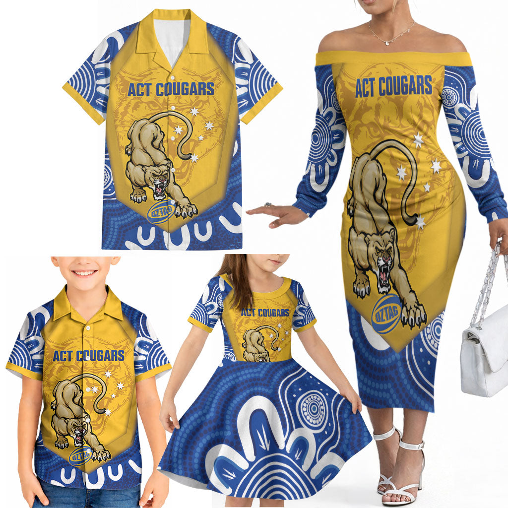 ACT Cougars Oztag Custom Family Matching Off The Shoulder Long Sleeve Dress and Hawaiian Shirt Australian Capital Territory Indigenous Art