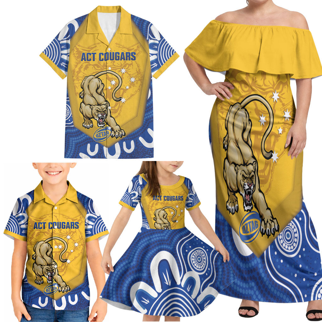 ACT Cougars Oztag Custom Family Matching Off Shoulder Maxi Dress and Hawaiian Shirt Australian Capital Territory Indigenous Art