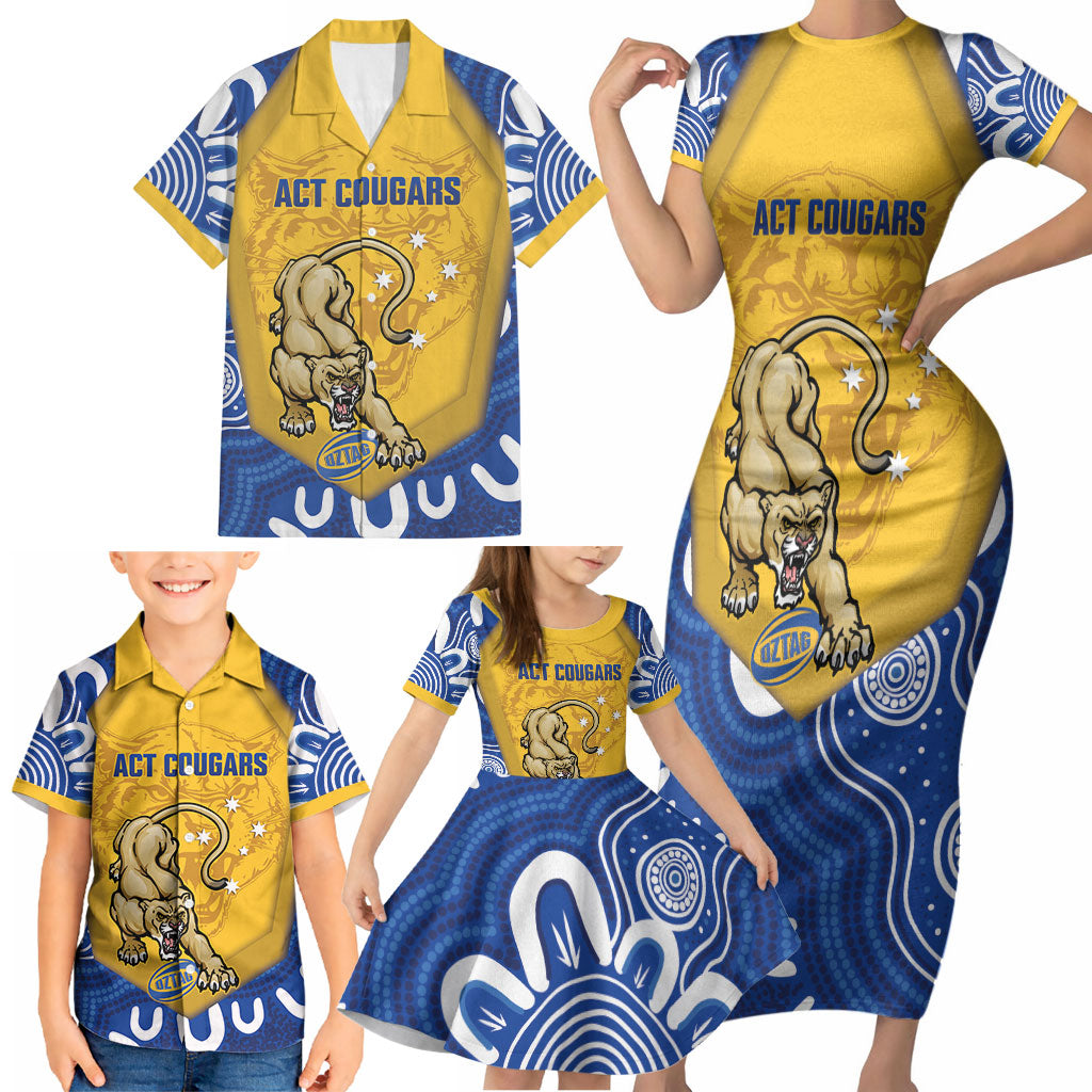 ACT Cougars Oztag Custom Family Matching Short Sleeve Bodycon Dress and Hawaiian Shirt Australian Capital Territory Indigenous Art