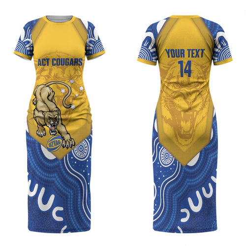 ACT Cougars Oztag Custom Family Matching Short Sleeve Bodycon Dress and Hawaiian Shirt Australian Capital Territory Indigenous Art