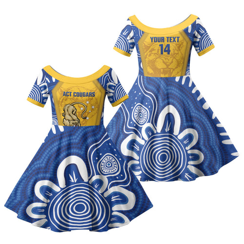 ACT Cougars Oztag Custom Family Matching Short Sleeve Bodycon Dress and Hawaiian Shirt Australian Capital Territory Indigenous Art