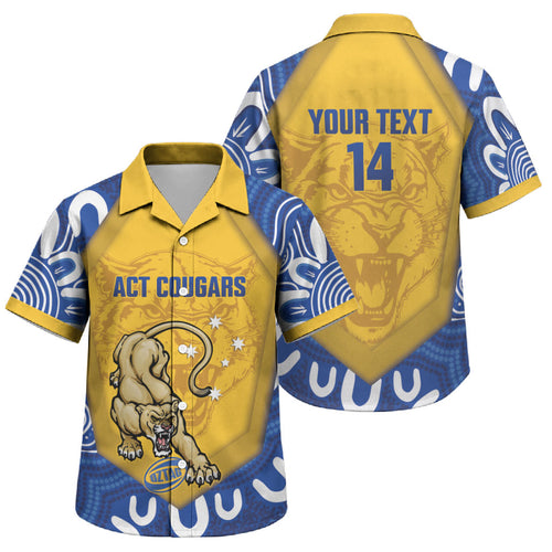 ACT Cougars Oztag Custom Family Matching Short Sleeve Bodycon Dress and Hawaiian Shirt Australian Capital Territory Indigenous Art