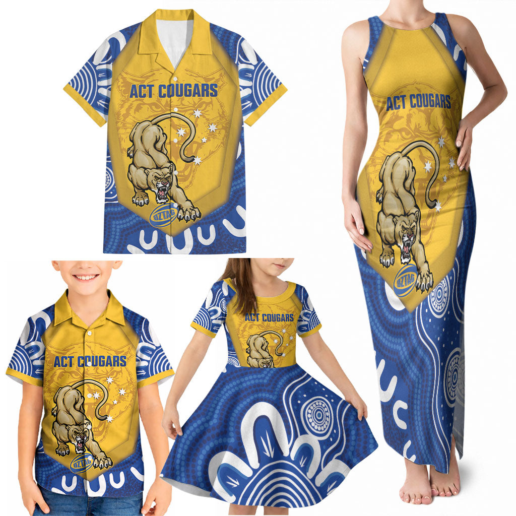 ACT Cougars Oztag Custom Family Matching Tank Maxi Dress and Hawaiian Shirt Australian Capital Territory Indigenous Art