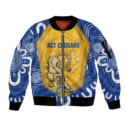 ACT Cougars Oztag Custom Sleeve Zip Bomber Jacket Australian Capital Territory Indigenous Art