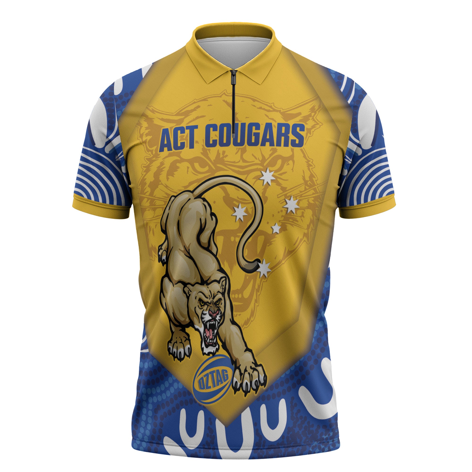 ACT Cougars Oztag Custom Zipper Polo Shirt Australian Capital Territory Indigenous Art