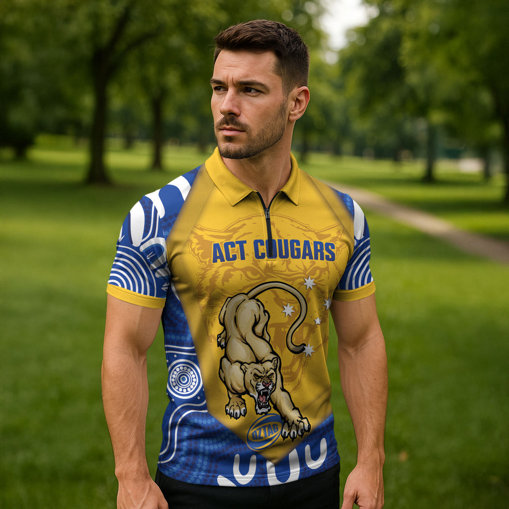 ACT Cougars Oztag Custom Zipper Polo Shirt Australian Capital Territory Indigenous Art