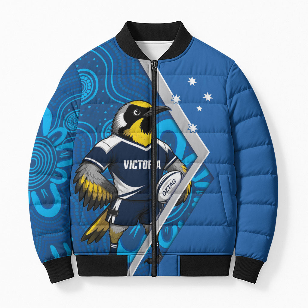 Victoria Oztag Custom Bomber Puffer Jacket Helmeted Honeyeater Mascot Indigenous Art
