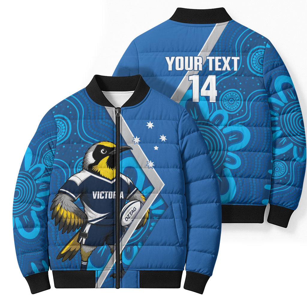 Victoria Oztag Custom Bomber Puffer Jacket Helmeted Honeyeater Mascot Indigenous Art