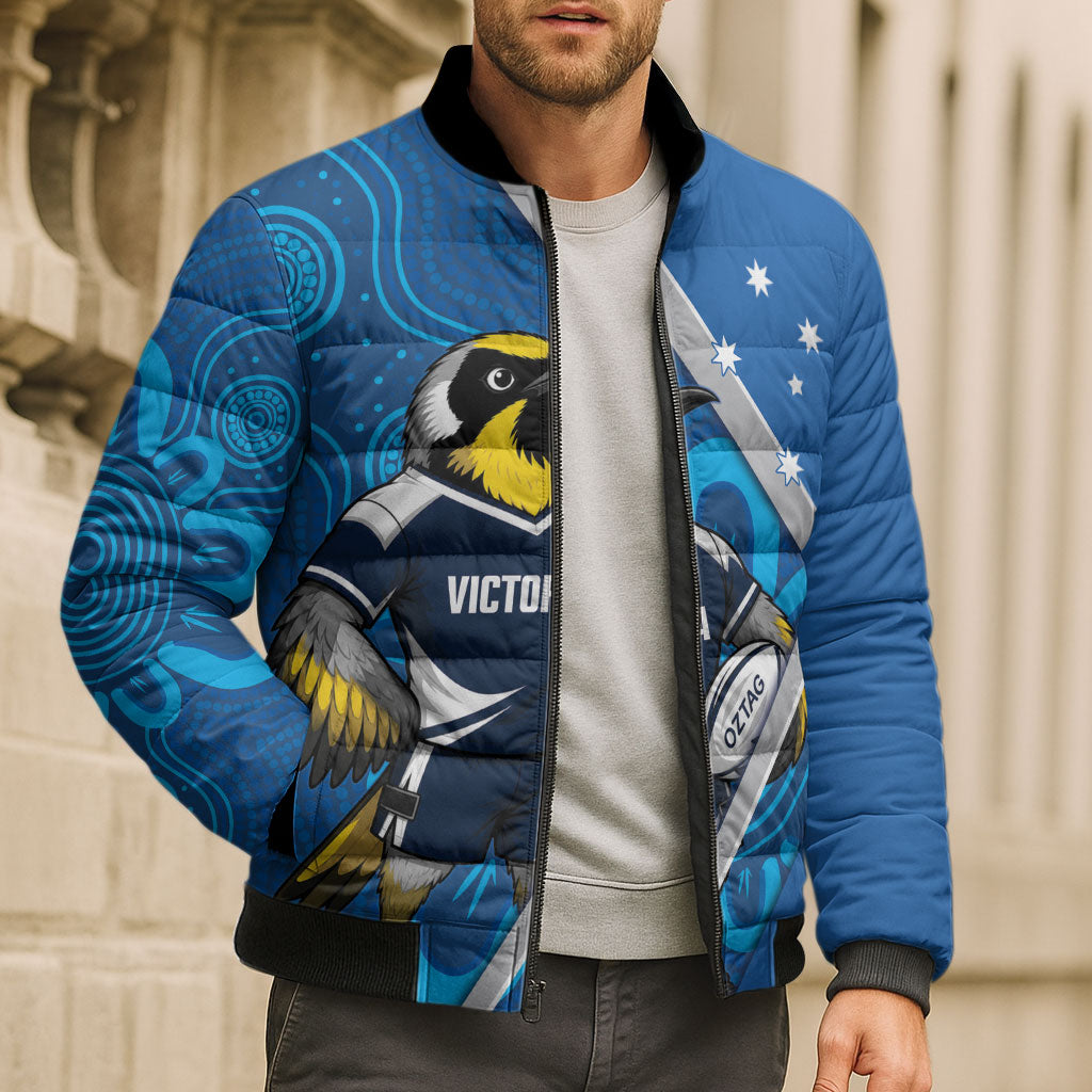 Victoria Oztag Custom Bomber Puffer Jacket Helmeted Honeyeater Mascot Indigenous Art