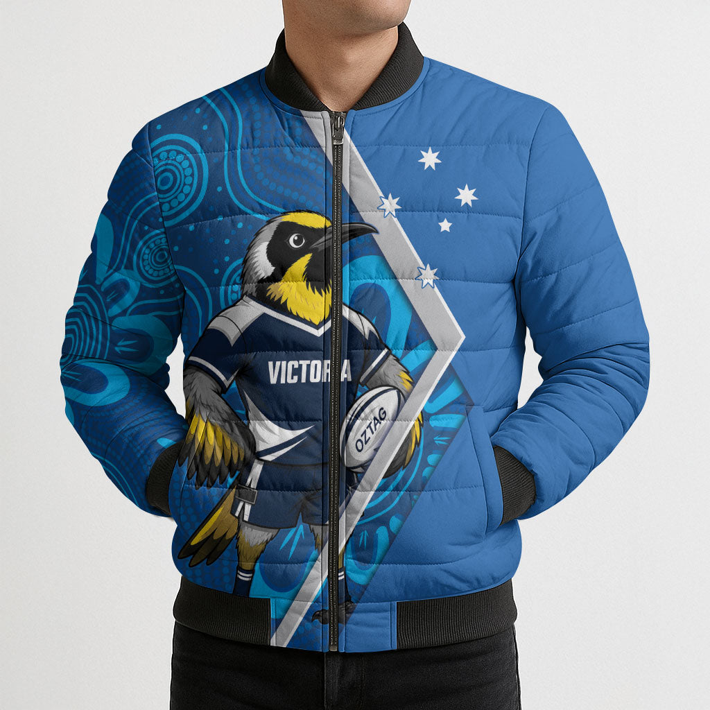 Victoria Oztag Custom Bomber Puffer Jacket Helmeted Honeyeater Mascot Indigenous Art