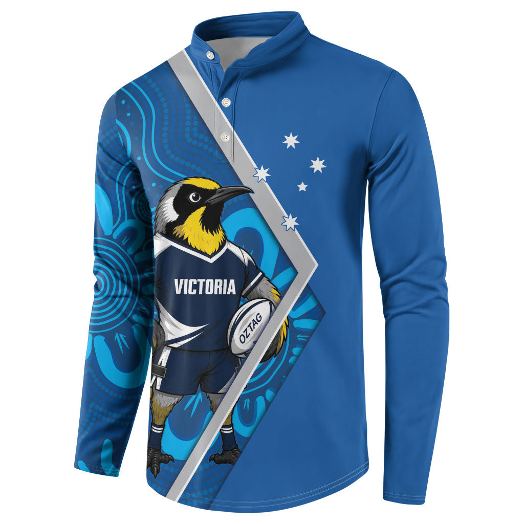 Victoria Oztag Custom Button Sweatshirt Helmeted Honeyeater Mascot Indigenous Art