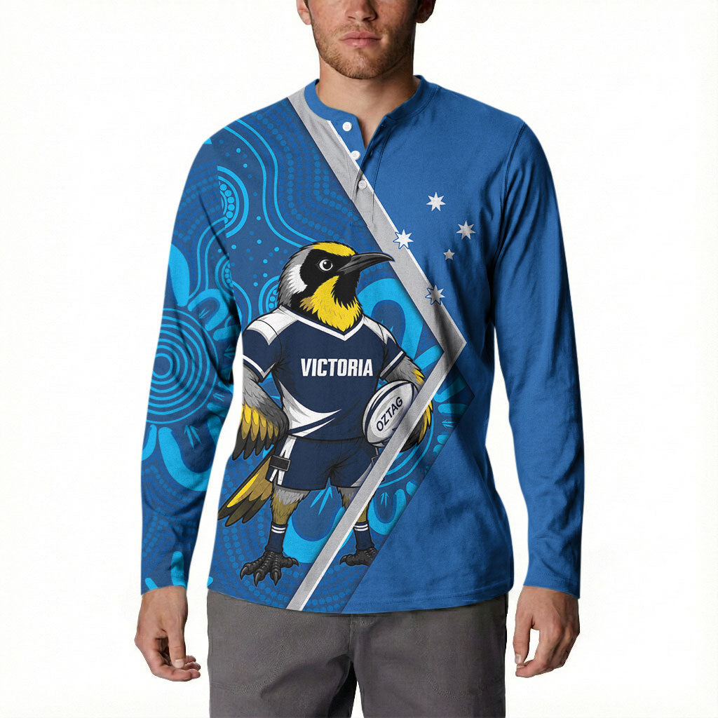 Victoria Oztag Custom Button Sweatshirt Helmeted Honeyeater Mascot Indigenous Art
